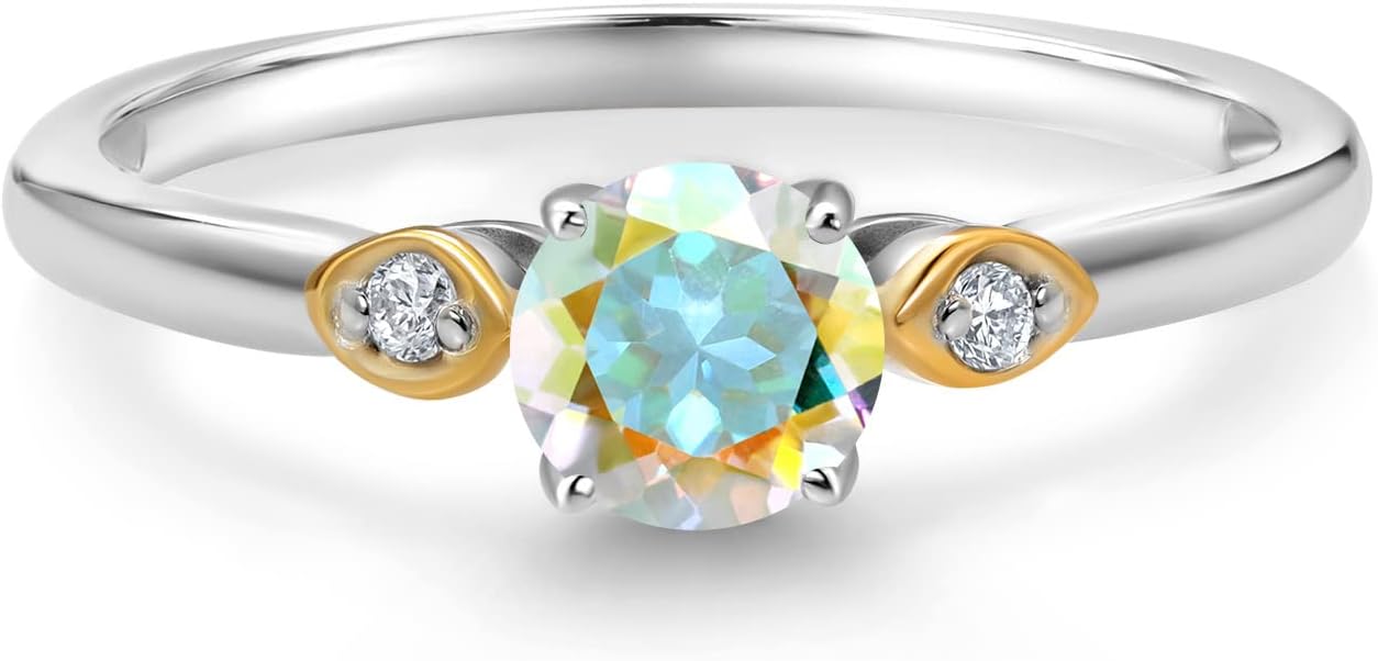 Gem Stone King 3-Stone Engagement Ring | 925 Sterling Silver and 10K Yellow Gold | 5MM Round Gemstone Birthstone and White Lab Grown Diamond | Three Stone Wedding Anniversary Ring For Women