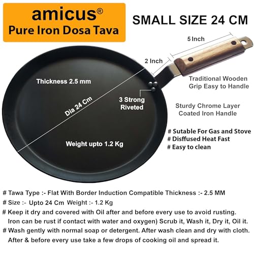 Image of amicus Pure Iron Tawa for Dosa Roti Chapati Paratha Flat Iron Dosa Tava with Wooden Handle Induction Friendly 24 Cm 1.2 Kg Black Food Grade Smooth 100% Multipurpose Tawa