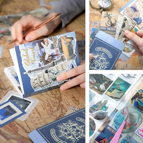 Image of The AutoStory World Trip Scrapbook Kit A6 Junk Journal Map Stickers Tourist Decorative Papers Washi Tape DIY Craft Art Keepsake Vacation Memory Book Decor Present Men (Global Travel, Blue)