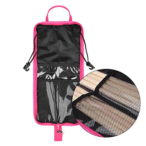 Flexzion Drum Stick Bag Percussion Music Drum Accessories Case With Hook, Card Holder, Adjustable Shoulder Strap Carrying Handle 4 Pairs Kid Drum Sticks Holder Water-Resistant Bag Fabric, Hot Pink #TOP3