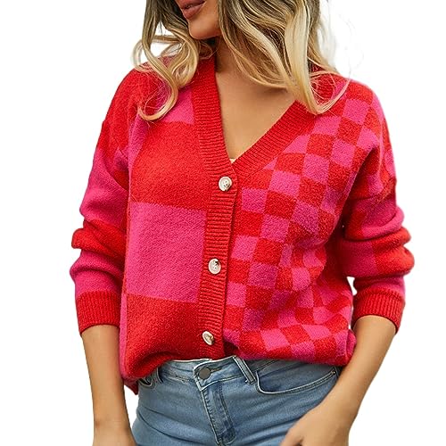 Image of Womens Color Block Plaid Button Down Cardigan Long Sleeve Cable Knit Checkered Sweaters Tops Y2k Aesthetic Clothes