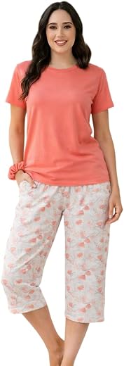Celary Women Cotton Nightwear Set | Short Sleeve Top &amp; Printed Capri Pajama Set | Soft, Breathable Sleepwear for Ladies | ...