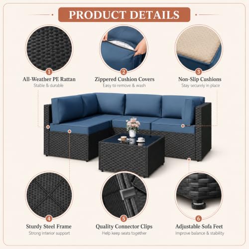 JAMFLY 5-Piece Patio Furniture Set, Outdoor Wicker Sectional Sofa with 4-Inch Thick Cushions & Coffee Table, All-Weather PE Rattan Conversation Set for Backyard, Garden, Poolside, Aegean Blue - Image 5
