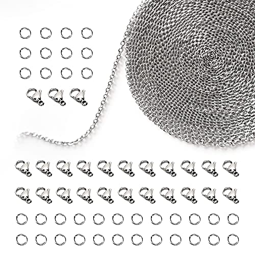 TEEUCNY Maillons de Chaîne pour la Fabrication de Bijoux DIY, 12 M Acier inoxydable Argenté Chaîne de câble de liaison, 60 Anneaux de Saut 25 Fermoirs De...