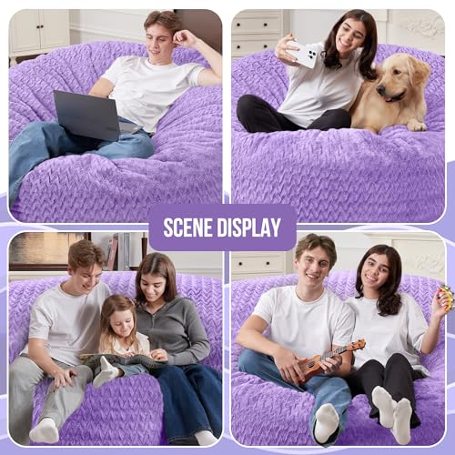 Image of 3FT Bean Bag Chair,Giant Bean Bag Chairs for Adults,Big Bean Bags with Memory Foam Filled, Large Beanbag Chairs with Chevron Plush Cover-Purple