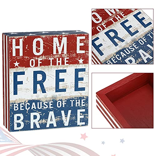 Jetec Patriotic Decor July 4th Box Sign Independence Day Patriotic Labor Day 5 x 6 Inch Wood American Flag Decor Farmhouse Wooden Block(Home of the Free Because of the Brave) - Image 4
