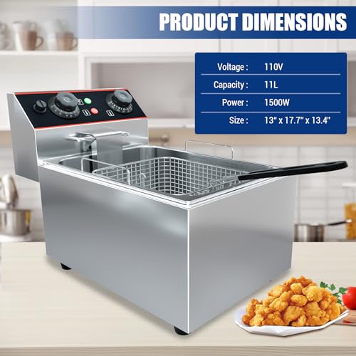 Commercial Deep Fryer, 11.5 QT/11 L Electric Deep Fryer with Single Basket and Lid, Stainless Steel Deep Fryer with Temperature Control for Restaurant or Home Use, 1500W