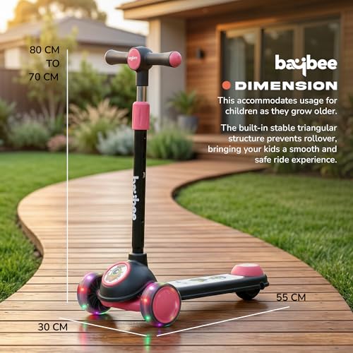 Image of Baybee Rolo Kick Scooter for Kids, 3 Wheel Kids Scooter with 3 Height Adjustable Handle, Music & Rear Brake, Skate Scooters with PU LED Wheels | Runner Scooters for Kid 3+ Years Boys Girls (Black)