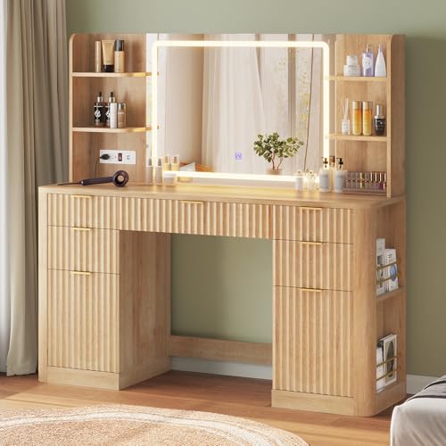 HAUOMS 51.2 Fluted Makeup Vanity Desk with Large 30.3 Mirror and Lights 5 Drawer Vanity with Power Strip 6 Open Shelves 2 CabinetModern Dressing Table with Solid Wood Legs for Bedroom Oak