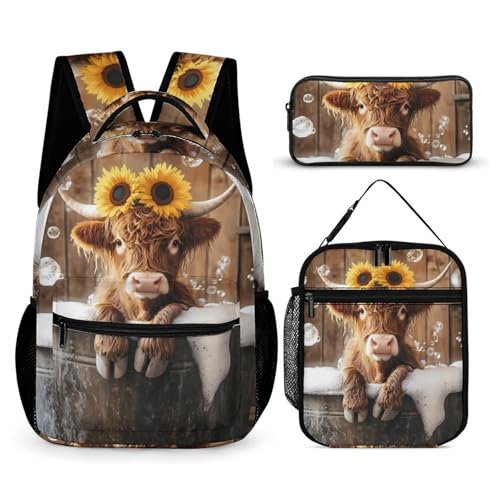 Cute Highland Cow Bath Printed Backpack with Lunch Box Bag Pencil Case Pouch 3pcs Daypack Set for Women Men