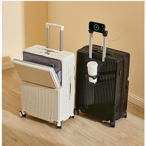 Hard Case with Front Opening, Carry-On Suitcase Hand Luggage Trolley 100% ABS Suitcases with USB Port, Beverage Holder and 4 Double Swivel Wheels,White,24in2