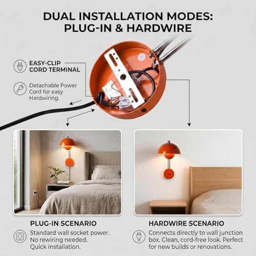 Image of Mid-Century Modern Bud Plug in Wall Sconces for Bedroom, Pastel Orange | Indirect lighting reading wall lamp, all-metal construction, plug-in or hardwired install, fits bedroom bedside, living room