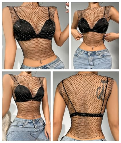 Women Glitter Tank Tops, Black Sexy Mesh Diamond Hollow Out Crop Tops, See Through Rhinestone Studded Crop Tops4
