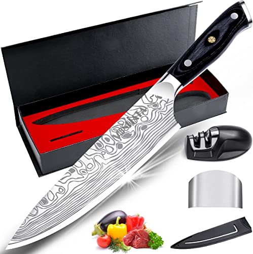 Comparison: Best Steel For Chefs Knives 5 MOSFiATA 8" Super Sharp Professional Chef's Knife with Finger Guard and Knife Sharpener, German High Carbon Stainless Steel EN1.4116 with Micarta Handle and Gift Box