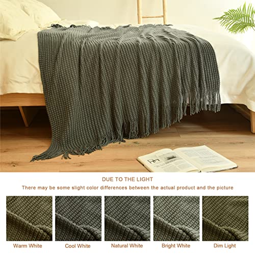 Blagic Knitted Throw Blanket For Couch Soft Farmhouse Boho Throw Blanket With Tassels Home Decorative Lightweight Throw Blankets,Dark Green Throws For Bed/Chair/Sofa, Wheat Textured, 50" W X 60" L #TOP3