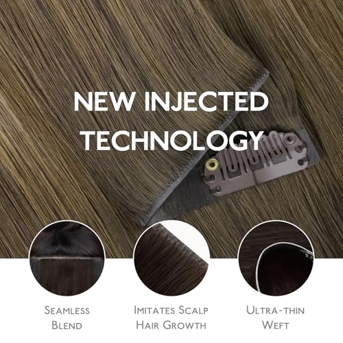 Image of WENNALIFE Invisi Edge & Classic Seamless Clip in Hair Extensions Real Human Hair, 12 Inch 80g 7pcs Ombre Walnut Brown to Ash Brown and Bleach Blonde Hair Extensions for Women Invisible Straight Inject
