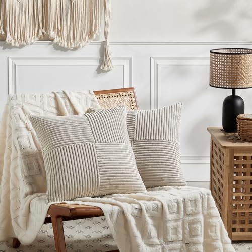 Image of Fancy Homi 2 Packs Neutral Taupe Decorative Throw Pillow Covers 20x20 Inch for Living Room Couch Bed Sofa, Farmhouse Boho Home Decor, Soft Corss Corduroy Patchwork Accent Square Cushion Case 50x50 cm