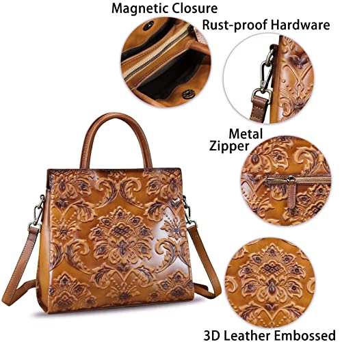 Image of Genuine Leather Satchel for Women Top Handle Handbag Handmade Embossed Vintage Satchel Crossbody Handbags Purse Bag