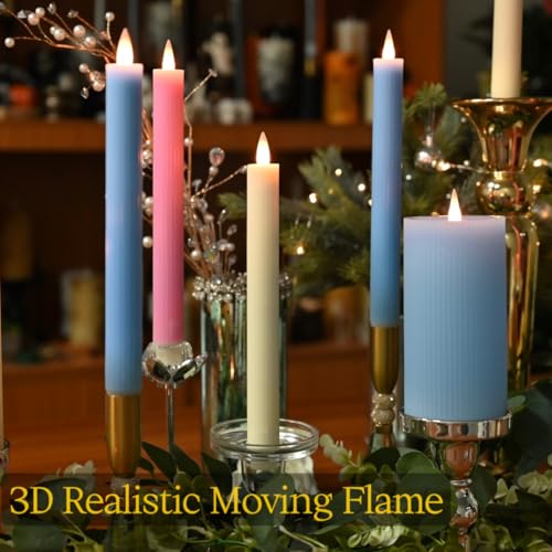 Image of Flameless Taper Candles Flickering with Remote and Timer, 3D Moving Flame Taper Candle Battery Operated to 400 Hours, 9 Inch Window Candles, (Ivory-Vertical Stripes)