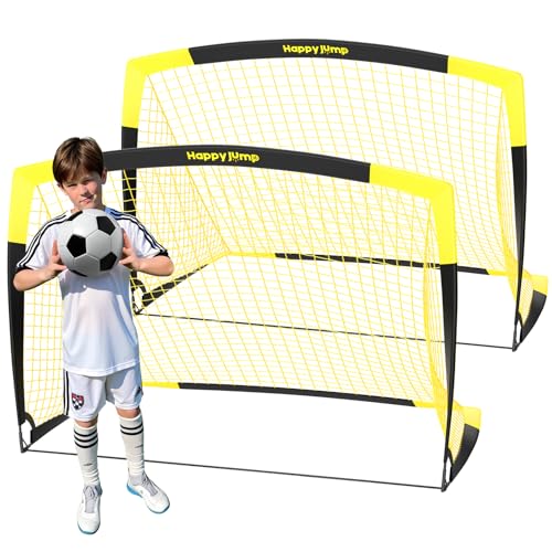 Happy Jump Portería de Fútbol Pop-Up Plegable – 152 x 110 cm, 2 Porterías, Negro y Amarillo | Estructura Resistente de Fibra de Vidrio | Ideal para Jardín y Parque