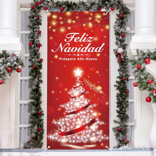 COLOFALLA Decoración Navidad Puerta Cubierta + Cuerda 6m, Pancarta Feliz Navidad Español Cubre Funda Puerta Decoración Exterior Banner 200x90cm