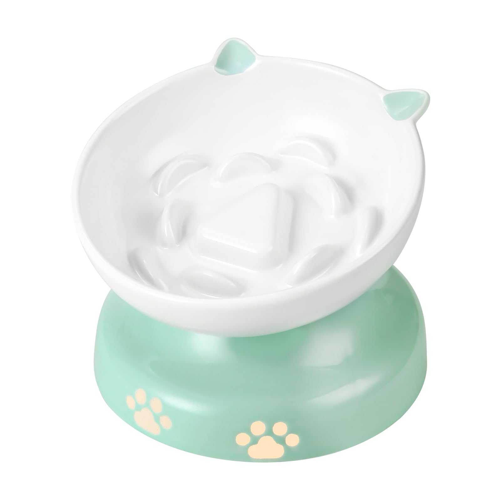Y YHY Slow Feeder Cat Bowl, Ceramic Elevated Cat Bowl Tilted Design Slow Feeder for Dog and Cat for Dry and Wet Food, Green