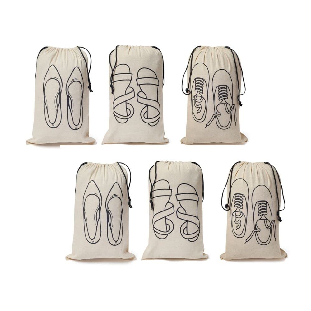 IVILLAGEPremium Reusable and Washable 100% Pure Cotton Fabric Shoe Covers/Bags with Drawstring Closure|Handcrafted Doodle Collection| Ideal for Travel, Home and Storage|Pack of 6|Off-White|Female
