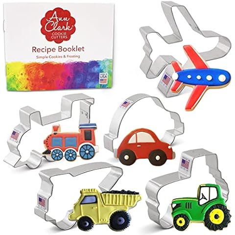Ann Clark Cookie Cutters 5-Piece Transportation and Vehicles Cookie Cutter Set with Recipe Booklet,Tractor, Train, Dump Truck, Airplane and Car Cover