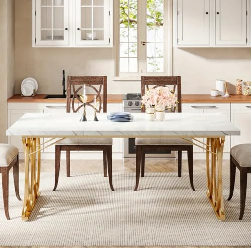Modern Dining Table, 160cm Rectangular Faux Marble Tabletop with Geometric Gold Legs, Kitchen & Dining Room Table for 4-6 People