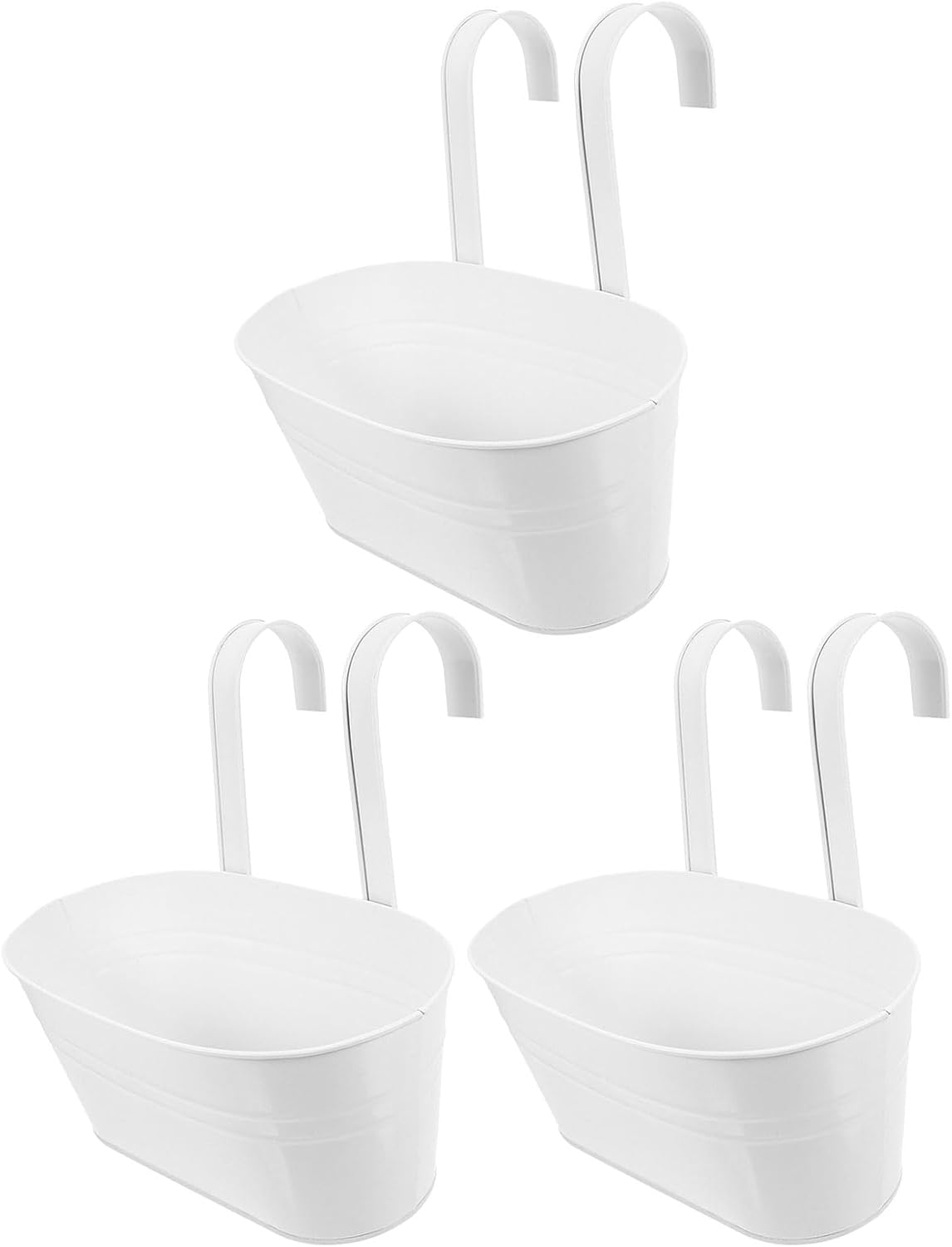 Ciieeo 3pcs Iron Hanging Flower Planters Metal Buckets with Detachable Handles 27x14.5cm Oval White Balcony Railing Outdoor Garden Wall Hanging Plant Holders
