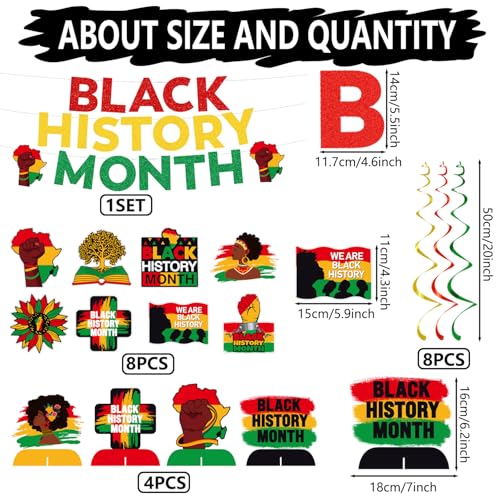 LECONCES Black History Month Decorations Set, Glitter Banner, African American Inspirational Backdrop, Hanging Swirls, Honeycomb Centerpieces (71" x 43")