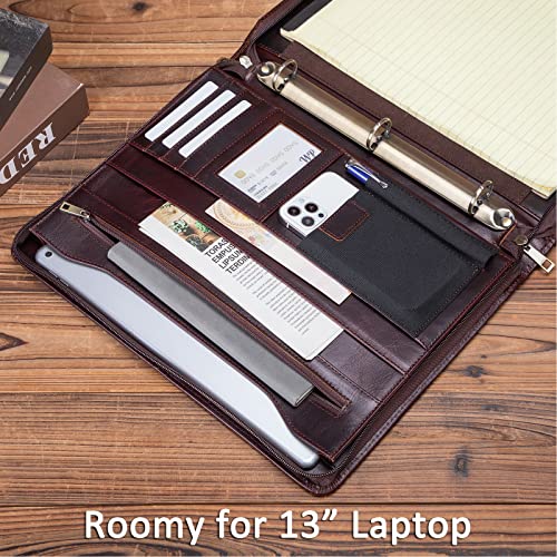 Geslun Genuine Leather Portfolio With Zipper, Full Grain Leather Padfolio 3 Ring Binder, A4 Notebook Holder Laptop Sleeve Professional Folder Organizer Gift For Men And Women, Dark Brown, Oil Tanned #TOP3