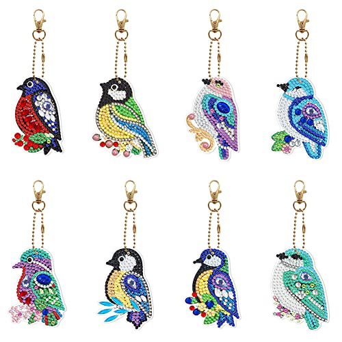 popyes 8PCS Porte-clés Peinture Diamant 5d Bricolage Diamond Painting Porte-clés Colorés Double Face Peinture Diamant Porte Clef Pendentif pour Sac Artisanat pour Femmes Filles Enfant (Oiseau) Cover