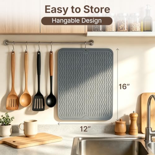 Hestiasnax 2 Pack Silicone Dish Drying Mat for Kitchen Counter, 16" X 12", Heat Resistant & Non-slip Kitchen Drying Mats, Quick-Dry Ridges, Dishwasher Safe, Hangable & Roll-Up for Storage, Dark Gray - image 2