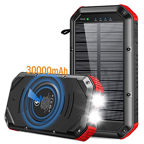 Solar Power Bank 30000mAh, Solar Charger Wireless Portable Charger 18W with 5 Outputs & Type-c Input 4 Lighting Modes Super Bright Flashlight Waterproof Phone Charger for Camping Outdoor