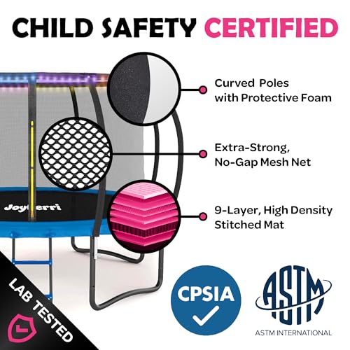 Image of JoyBerri Upsurge Trampoline Outdoor - ASTM Certified Safe 8Ft 10Ft 12Ft 14Ft 15Ft 16Ft Recreational Trampoline for Kids and Adults. Anti-Rust Coating with Enclosure Net, Ladder, Sprinkler & LED Lights