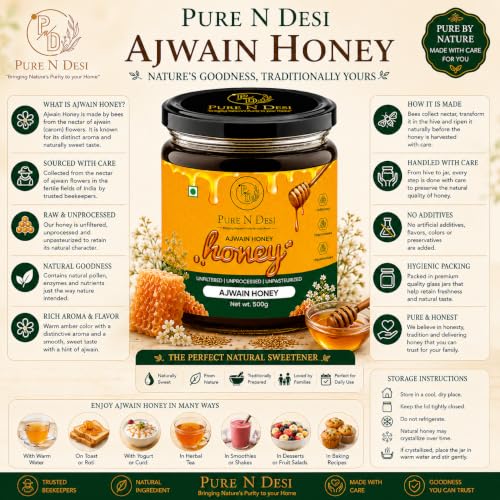 Image of PURE N DESI Ajwain Honey 500g | Raw Unfiltered Honey in Glass Jar | Raw, unfiltered Ajwain Honey in a premium glass jar with naturally rich aroma and authentic floral taste