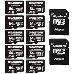 [Gigastone] 64GB Micro SD Card 10 Pack, 4K UHD Video, Surveillance Security Cam Action Camera Drone Professional, 90MB/s Micro SDXC UHS-I A1 Class 10, with Adapter