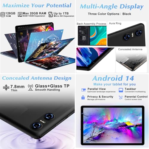Image of Android 14 Tablet 10 Inch, 20 GB RAM + 128 GB ROM (expandable up to 1 TB), Octa-core Processor, Wi-Fi 6, Widevine L1, BT 5.0, 8 MP + 5 MP, 6000 mAh, USB-C, Tablet with Keyboard, Mouse and Case, Black