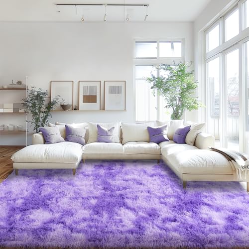 Area Rugs 9x12 Living Room, Large Fluffy Area Rugs for Bedroom, Soft Carpet Shag Kids Room Rug, Non-Slip Fuzzy Rugs Indoor (Purple TieDyed, 9ft x 12ft)