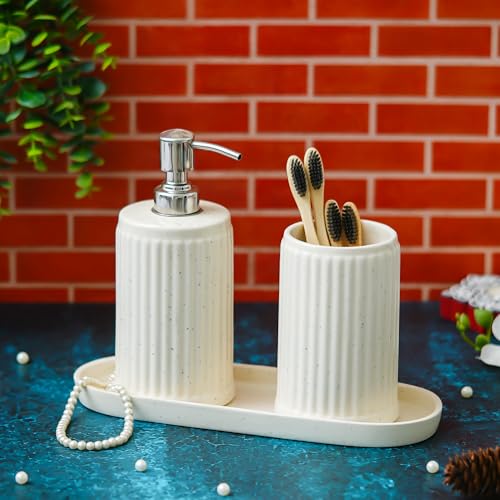 Image of White Big Tray Round Strip Ceramic Bathroom Accessory Set | Soap Dispenser, Toothbrush Holder & Tray for Bathroom Countertop | Stylish Bathroom Decor | Lotion Pump Set |