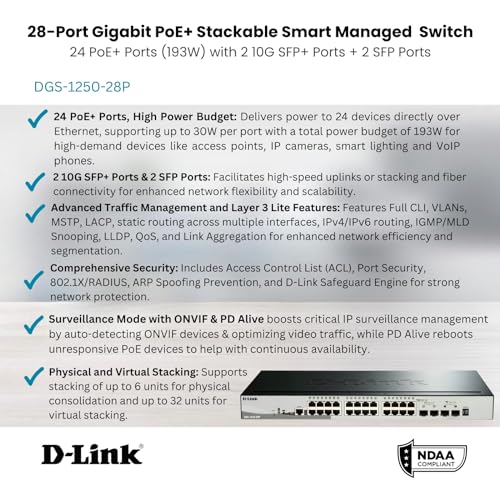 Image of D-Link 28-Port Gigabit Stackable Smart Managed PoE+ Switch 10G Uplinks | 24 PoE+ (193W) 2 10GbE SFP+ 2 SFP Ports| L2+ /L3 Lite |VLANs |Web Managed |Surveillance Mode | NDAA Compliant (DGS-1510-28P)