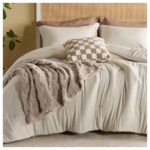 Bedsure Queen Comforter Set 5 Pieces - Bed in a Bag with Checkered Throw Blanket and Decorative Pillow, Lightweight Bedding Comforter Sets, All Season Boho Bedding, Linen Beige