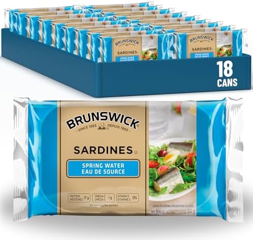 Brunswick Sardines in Spring Water - 106g, 18 Count - Canned Fish - Excellent Source of Protein - 17g of Protein Per 84g Serving Drained - Contains Omega-3, Source of Vitamin D, Iron