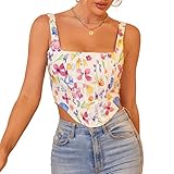 KUTUMAI Women's Floral Corset Crop Top Strap Boned Bustier Cute Zip Back Party Bodyshaper Purple M