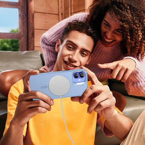 Image of Elzzi Kickstand Case for iPhone 16 Case Compatible with MagSafe, Built-in Adjustable Camera Guard Stand, Translucent Matte Anti-Fingerprint Heavy Duty Shockproof Phone Cover - Official Blue