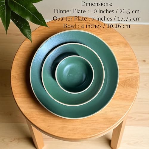 Image of Hand Painted Ceramic Dinnerware Set - 18 Pieces | 6 Dinner Plates, 6 Small Plates, 6 Katori Bowls | Earthy Green | Microwave & Dishwasher Safe | Perfect for Home & Gifting