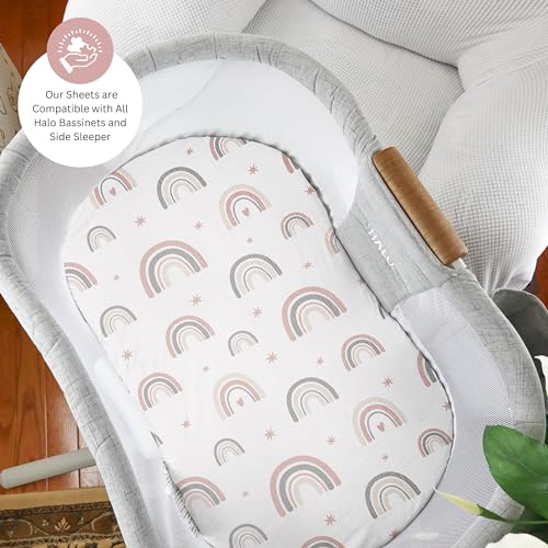 Muslin Bassinet Sheets Compatible with Halo Bassinest Swivel, Flex, Glide, Premiere and Luxe Series Sleeper, Pack 3, 33 X 17 Inch, Ultra Soft and Snug Fit, Unisex Boys Girls, Pink Rainbow