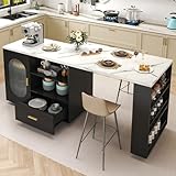 HSH Kitchen Island with Storage, Mobile Kitchen Island Cart with Cabinet, Drawer & Shelves, Farmhouse Island Table on Wheels with White Faux Marble Top and Black Oak Base for Dining Room & Home Bar
