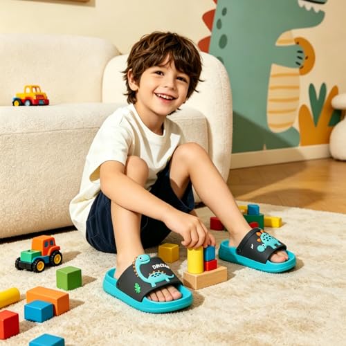 Image of MEMON Toddler Little Kids Dinosaur Beach /Pool /Shower Slides /Anti-Skid Home Bath Slippers /Cute Summer Outdoor Shoes for Girls and Boys
